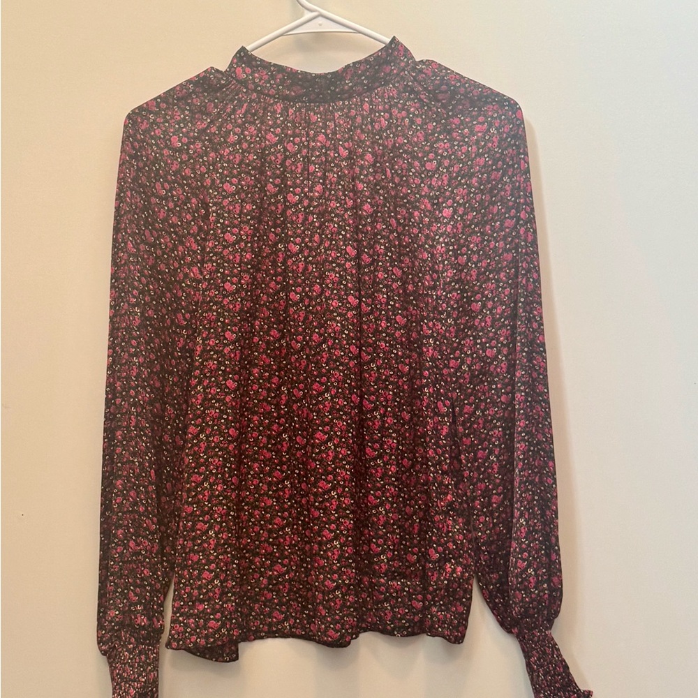 GAP Red Pleated Long Sleeve Mandarin Collar Blouse